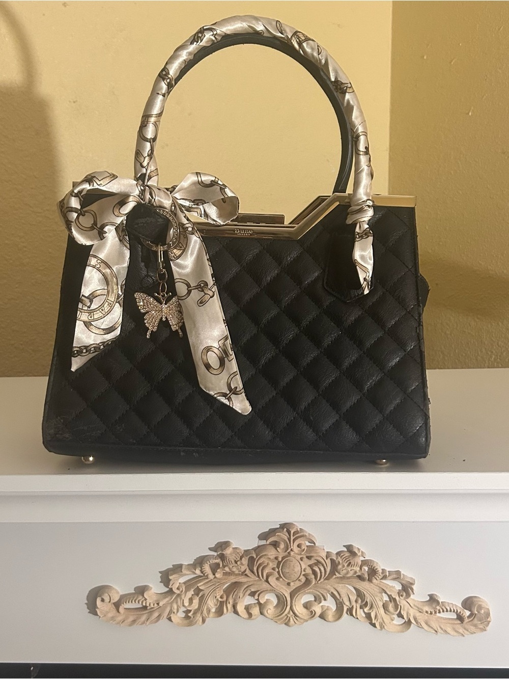 2 Twilly Satin Women Handbag Headband Scarf Cream Gray Brass